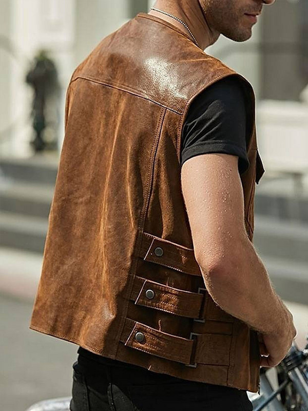 Мъжки ретро кафяви мотоциклетни жилетки, джобове с цип, кожено яке без ръкави, мъжка жилетка за езда, моторни мотоциклетни якета