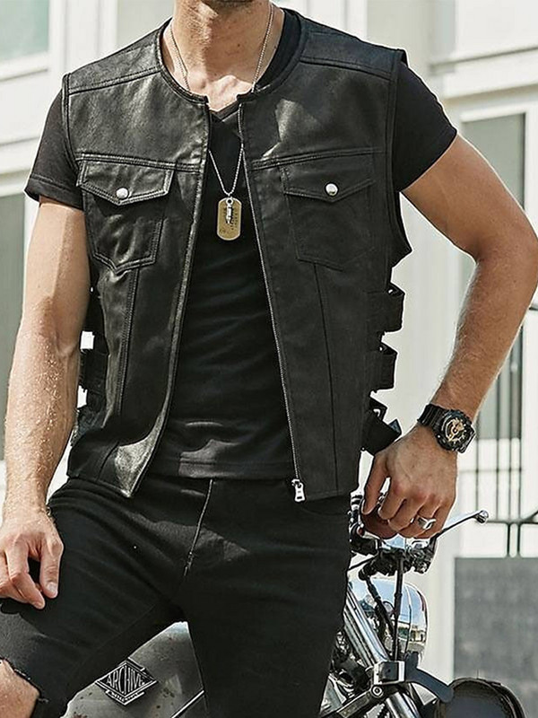 Мъжки ретро кафяви мотоциклетни жилетки, джобове с цип, кожено яке без ръкави, мъжка жилетка за езда, моторни мотоциклетни якета