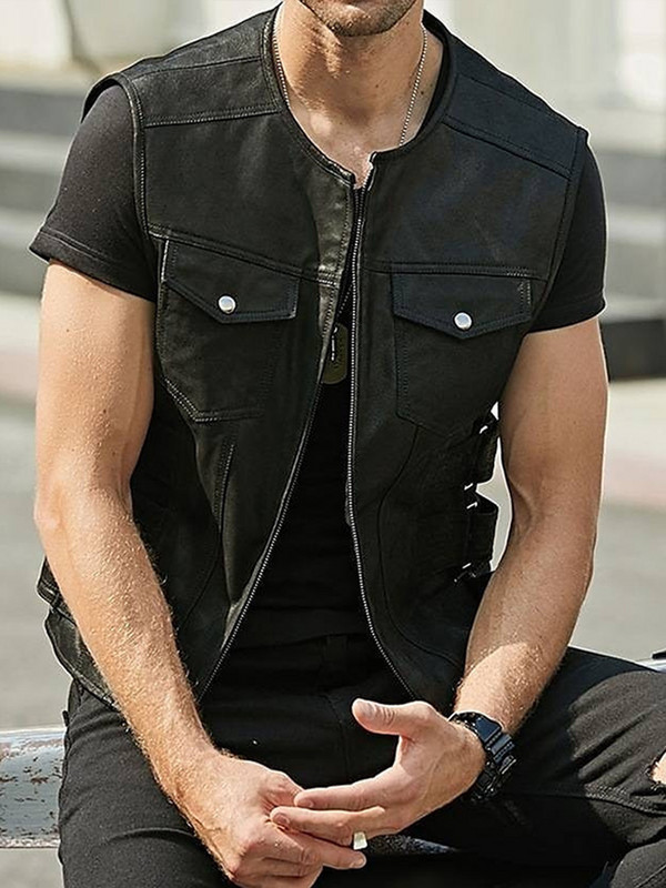 Мъжки ретро кафяви мотоциклетни жилетки, джобове с цип, кожено яке без ръкави, мъжка жилетка за езда, моторни мотоциклетни якета