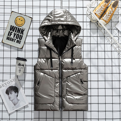 Модно сребристо лъскаво ветроустойчиво мъжко яке Без ръкави Жилетки Ежедневна шапка Свалящи се зимни палта Удебелена разтоварваща мъжка жилетка