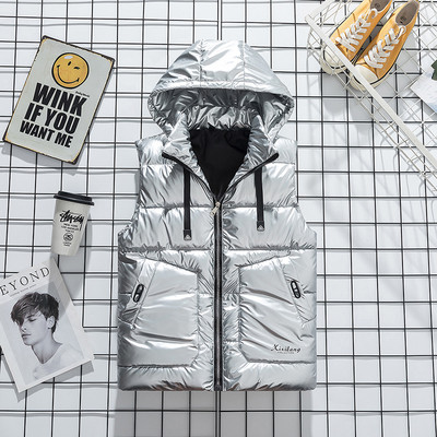 Модно сребристо лъскаво ветроустойчиво мъжко яке Без ръкави Жилетки Ежедневна шапка Свалящи се зимни палта Удебелена разтоварваща мъжка жилетка