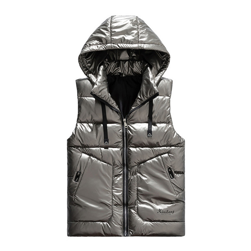 Модно сребристо лъскаво ветроустойчиво мъжко яке Без ръкави Жилетки Ежедневна шапка Свалящи се зимни палта Удебелена разтоварваща мъжка жилетка