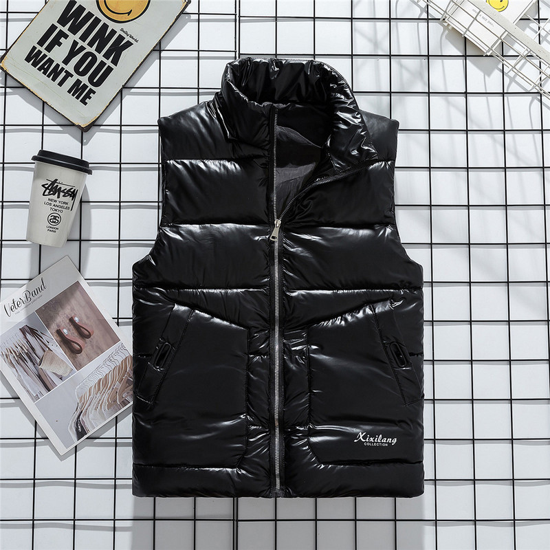 Модно сребристо лъскаво ветроустойчиво мъжко яке Без ръкави Жилетки Ежедневна шапка Свалящи се зимни палта Удебелена разтоварваща мъжка жилетка