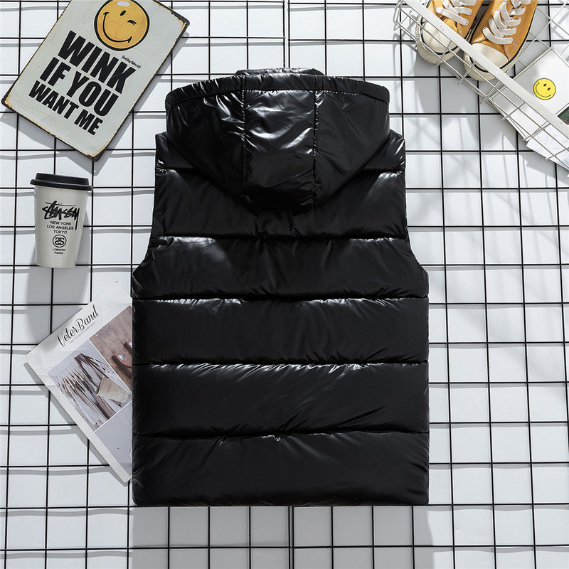 Модно сребристо лъскаво ветроустойчиво мъжко яке Без ръкави Жилетки Ежедневна шапка Свалящи се зимни палта Удебелена разтоварваща мъжка жилетка