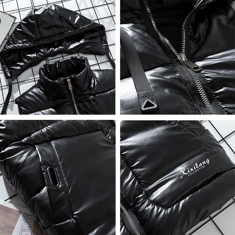 Модно сребристо лъскаво ветроустойчиво мъжко яке Без ръкави Жилетки Ежедневна шапка Свалящи се зимни палта Удебелена разтоварваща мъжка жилетка