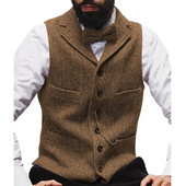 Férfi öltöny mellény Camel csíkos Tweed mellény Ujjatlan kabát karcsú szabású üzleti vőlegényi ruházat Férfi esküvői mellények