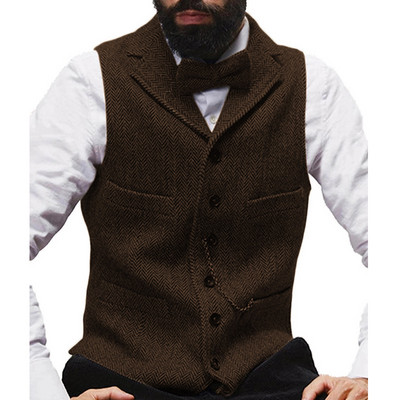 Férfi öltöny mellény Camel csíkos Tweed mellény Ujjatlan kabát karcsú szabású üzleti vőlegényi ruházat Férfi esküvői mellények