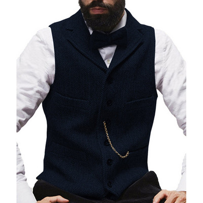 Férfi öltöny mellény Camel csíkos Tweed mellény Ujjatlan kabát karcsú szabású üzleti vőlegényi ruházat Férfi esküvői mellények