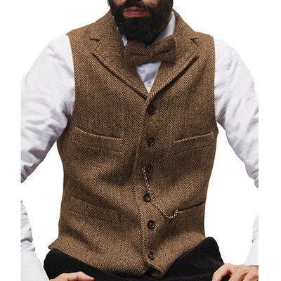 Férfi öltöny mellény Camel csíkos Tweed mellény Ujjatlan kabát karcsú szabású üzleti vőlegényi ruházat Férfi esküvői mellények