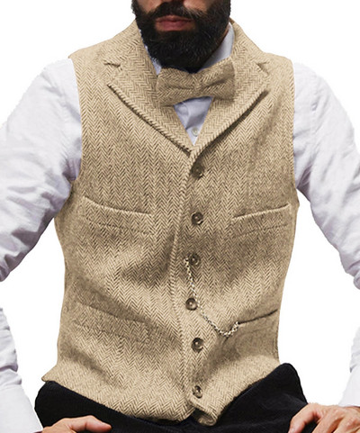 Férfi öltöny mellény Camel csíkos Tweed mellény Ujjatlan kabát karcsú szabású üzleti vőlegényi ruházat Férfi esküvői mellények
