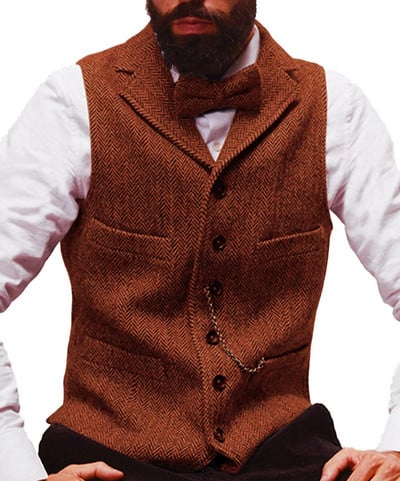 Férfi öltöny mellény Camel csíkos Tweed mellény Ujjatlan kabát karcsú szabású üzleti vőlegényi ruházat Férfi esküvői mellények
