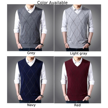 Мъжки пуловер, жилетка, плетен потник с V-образно деколте, пуловер без ръкави Ежедневно карирано горнище в тъмносин цвят, идеално за пролетта