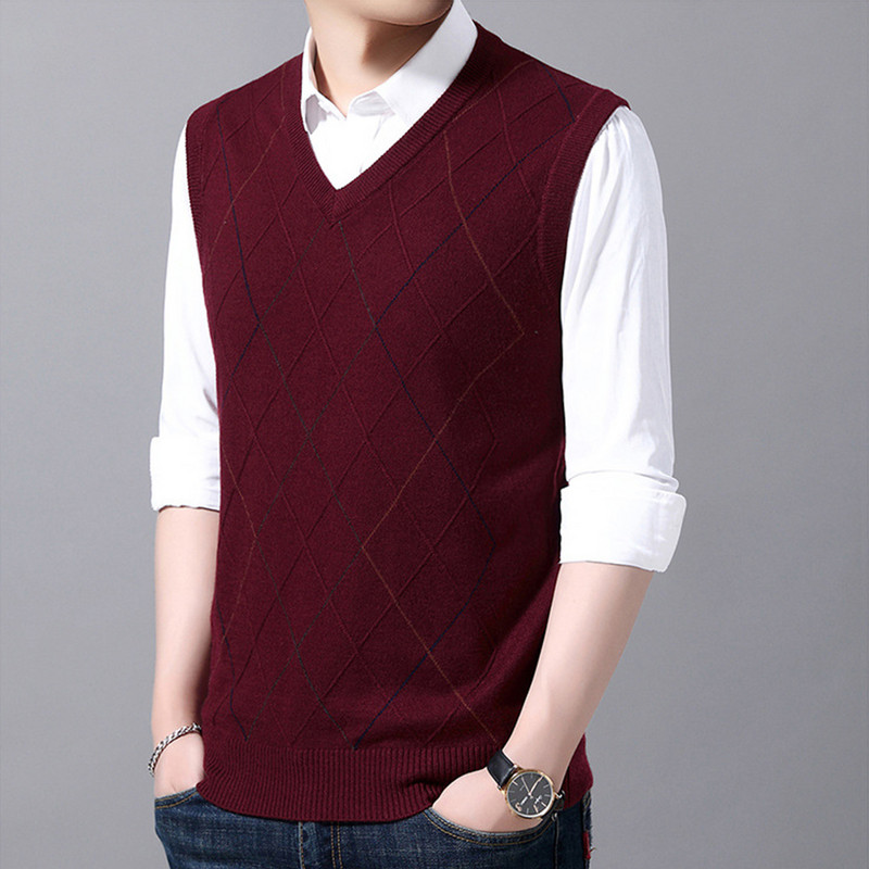 Мъжки пуловер, жилетка, плетен потник с V-образно деколте, пуловер без ръкави Ежедневно карирано горнище в тъмносин цвят, идеално за пролетта