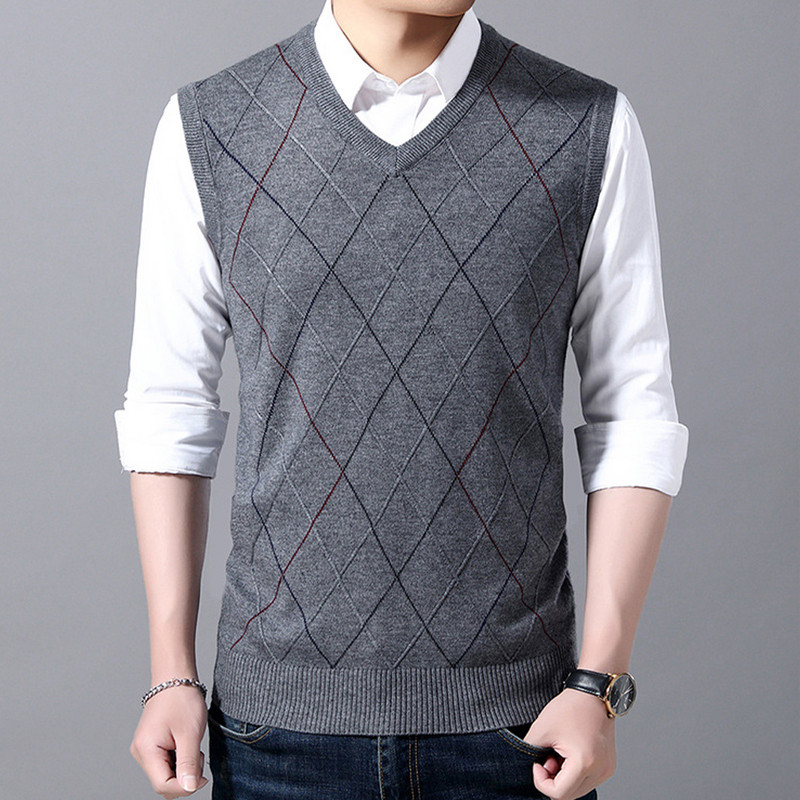 Мъжки пуловер, жилетка, плетен потник с V-образно деколте, пуловер без ръкави Ежедневно карирано горнище в тъмносин цвят, идеално за пролетта