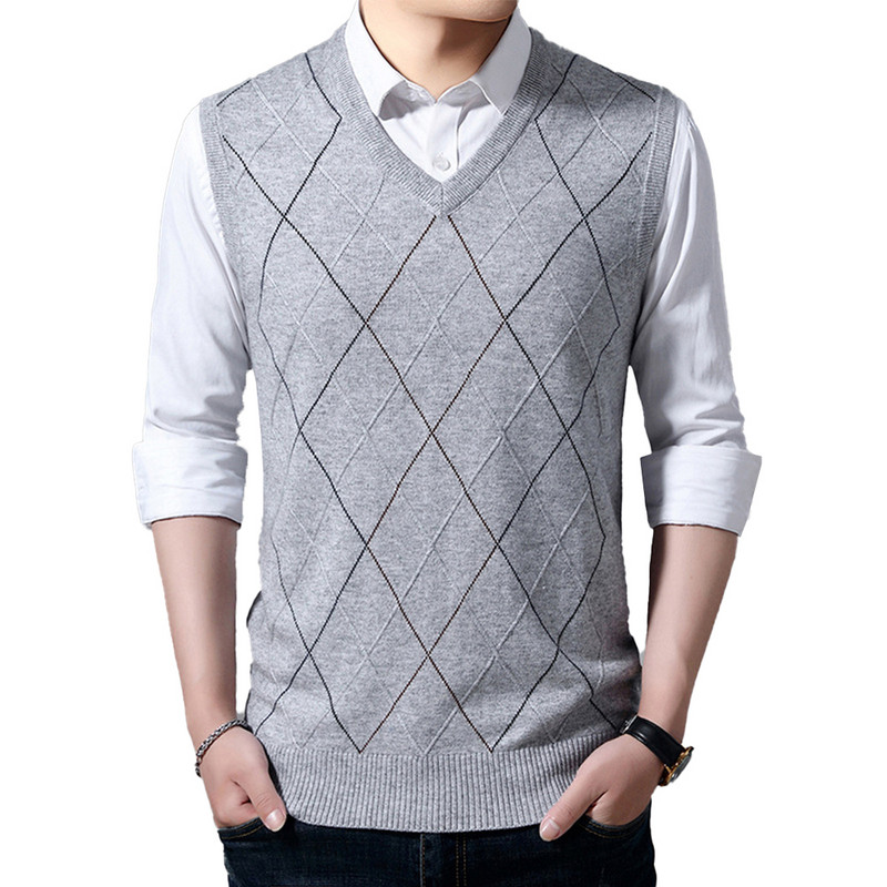 Мъжки пуловер, жилетка, плетен потник с V-образно деколте, пуловер без ръкави Ежедневно карирано горнище в тъмносин цвят, идеално за пролетта