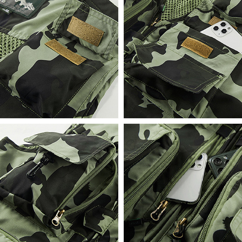 Мъжка камуфлажна тънка ежедневна жилетка без ръкави Мъжка дишаща мрежеста жилетка с множество джобове На открито Туризъм Къмпинг Риболовна жилетка Мъжка