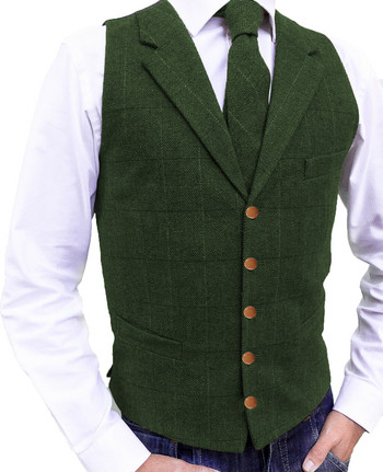 Καφέ Casual Gentleman Ανδρικό Στρατιωτικό Πράσινο Γιλέκο Καρό Μαλακό Μάλλινο Μπουφάν Tweed Επαγγελματικό Γιλέκο Γάμου Κουμπάρου