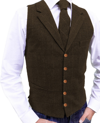 Καφέ Casual Gentleman Ανδρικό Στρατιωτικό Πράσινο Γιλέκο Καρό Μαλακό Μάλλινο Μπουφάν Tweed Επαγγελματικό Γιλέκο Γάμου Κουμπάρου