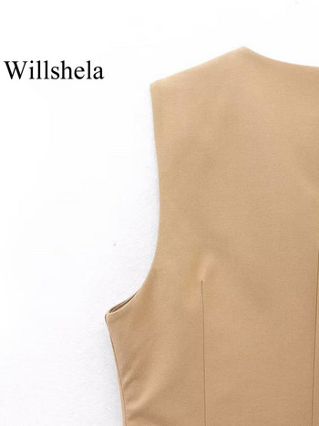 Willshela Дамска модна изрязана жилетка в цвят каки с V-образно деколте, едноредно елегантно дамско облекло без ръкави, късо потниче