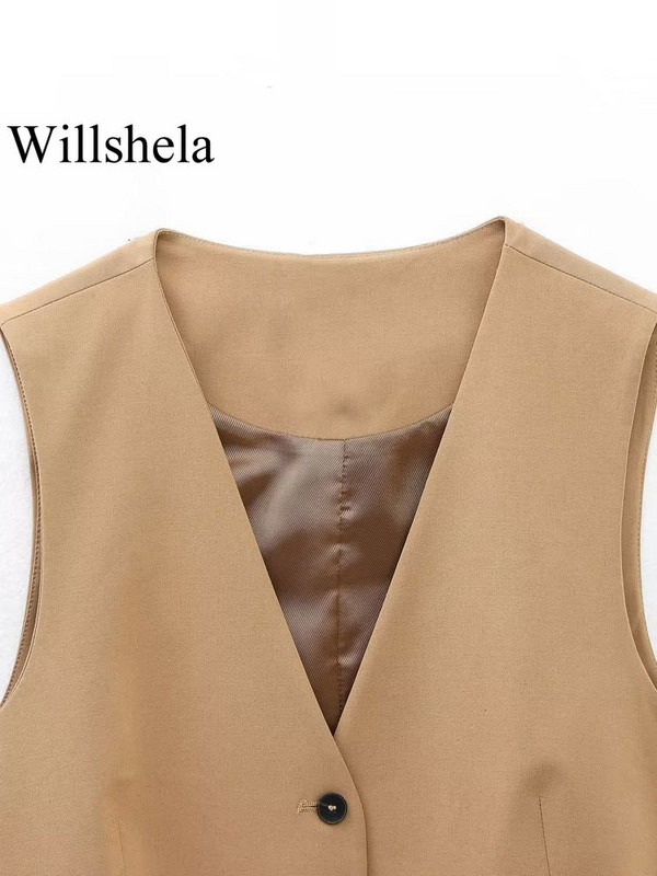 Willshela Дамска модна изрязана жилетка в цвят каки с V-образно деколте, едноредно елегантно дамско облекло без ръкави, късо потниче