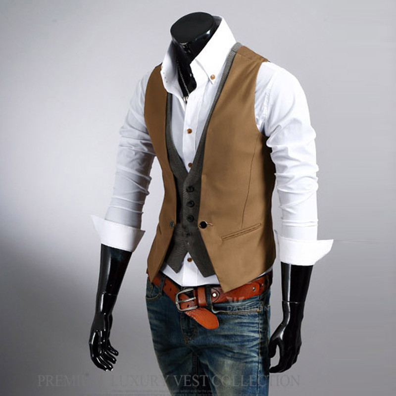 Офис мъжка модна фалшива жилетка от две части с V деколте без ръкави и копчета, бизнес ежедневна мъжка жилетка за парти сватба