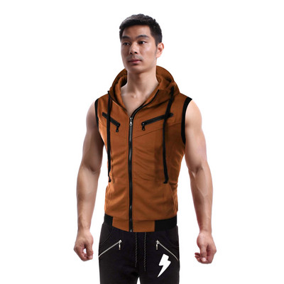 Цветни блокове Летни спортни мъже Фитнес суичъри с цип без ръкави Жилетка с качулка Мъжко облекло Модно мъжко ежедневно горнище за бягане