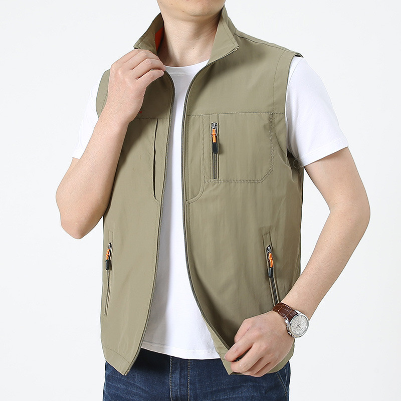 Пролет Есен Мъжка жилетка Много джобове Плътна яка Стояща яка Катерене Туризъм Работно палто без ръкави Ежедневна жилетка Спорт на открито