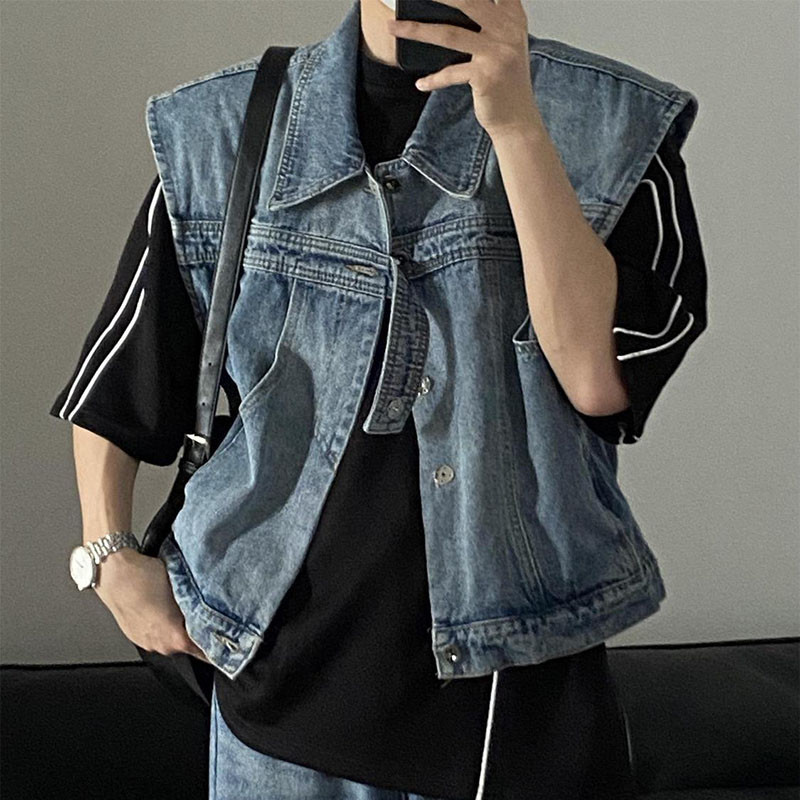 Дънково яке с жилетка Мъжки летни High Street ретро свободни изпрани стари якета без ръкави с отложна яка Едноредни жилетки