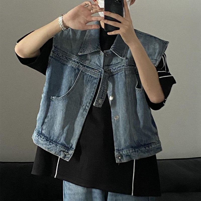 Дънково яке с жилетка Мъжки летни High Street ретро свободни изпрани стари якета без ръкави с отложна яка Едноредни жилетки