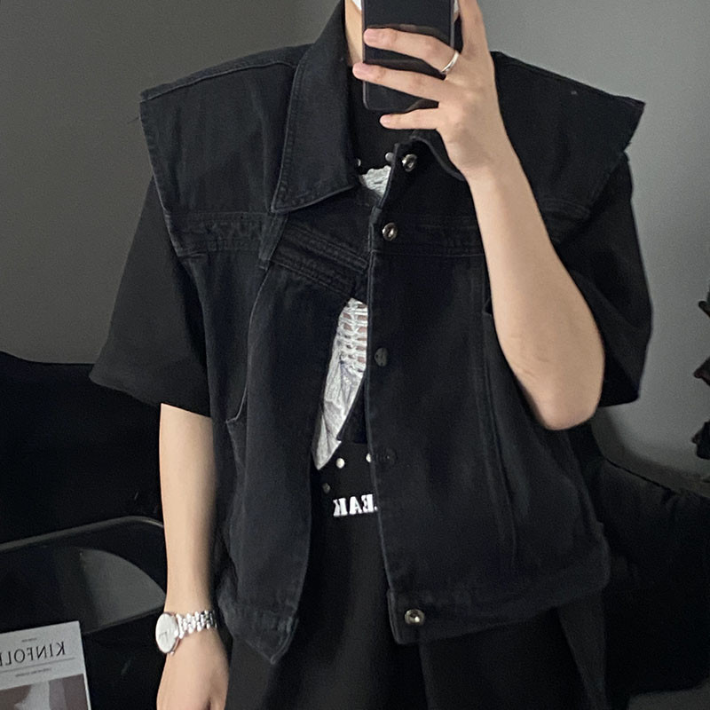 Дънково яке с жилетка Мъжки летни High Street ретро свободни изпрани стари якета без ръкави с отложна яка Едноредни жилетки