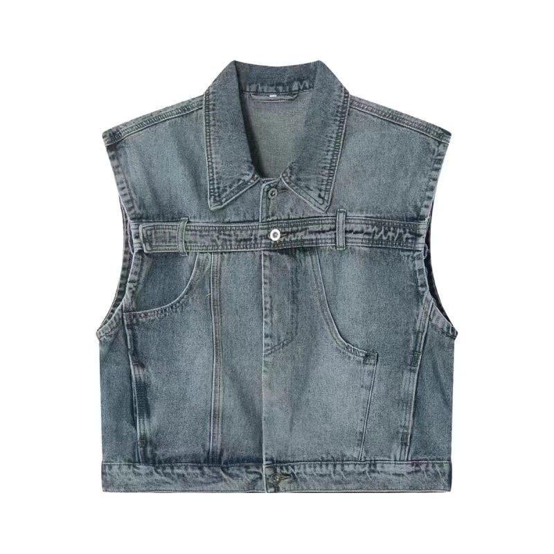 Дънково яке с жилетка Мъжки летни High Street ретро свободни изпрани стари якета без ръкави с отложна яка Едноредни жилетки