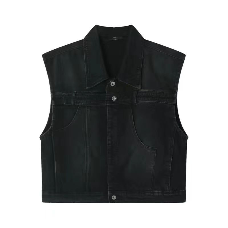 Дънково яке с жилетка Мъжки летни High Street ретро свободни изпрани стари якета без ръкави с отложна яка Едноредни жилетки