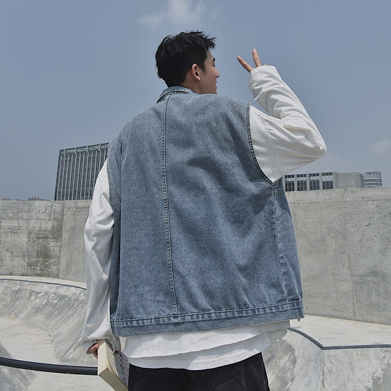 Японска ретро дънкова жилетка Мъжка жилетка без ръкави Свободна жилетка за двойка Яке Мъжко яке Мъжко облекло Дамска синя дънкова жилетка