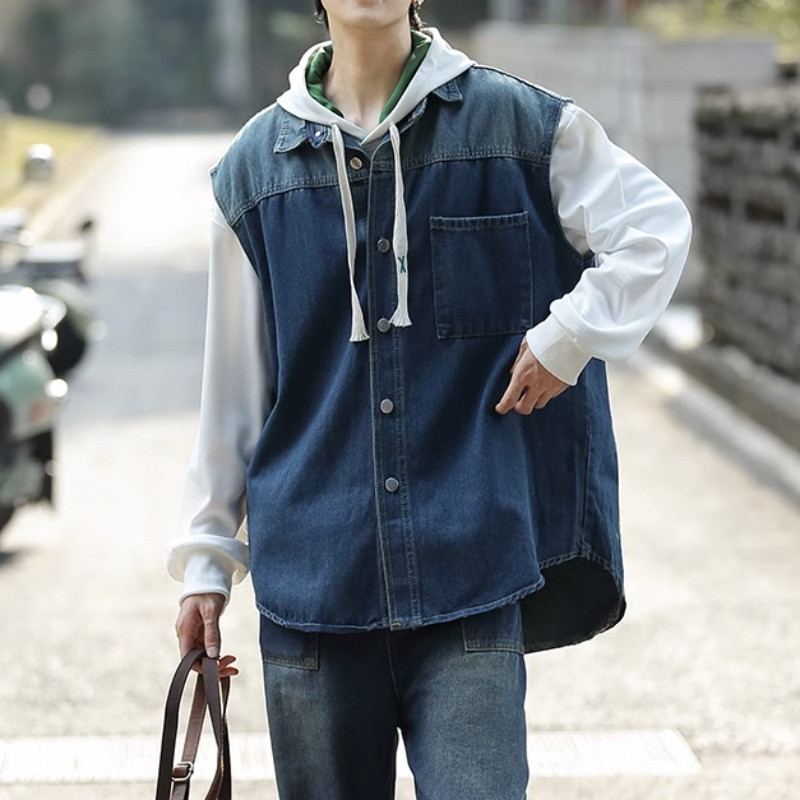 Дънкова жилетка Палто Пролет Лято Ново пристигане Жилетка с копчета с един джоб Дизайн Мъжко ретро универсално яке без ръкави