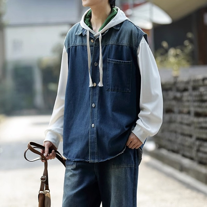 Дънкова жилетка Палто Пролет Лято Ново пристигане Жилетка с копчета с един джоб Дизайн Мъжко ретро универсално яке без ръкави