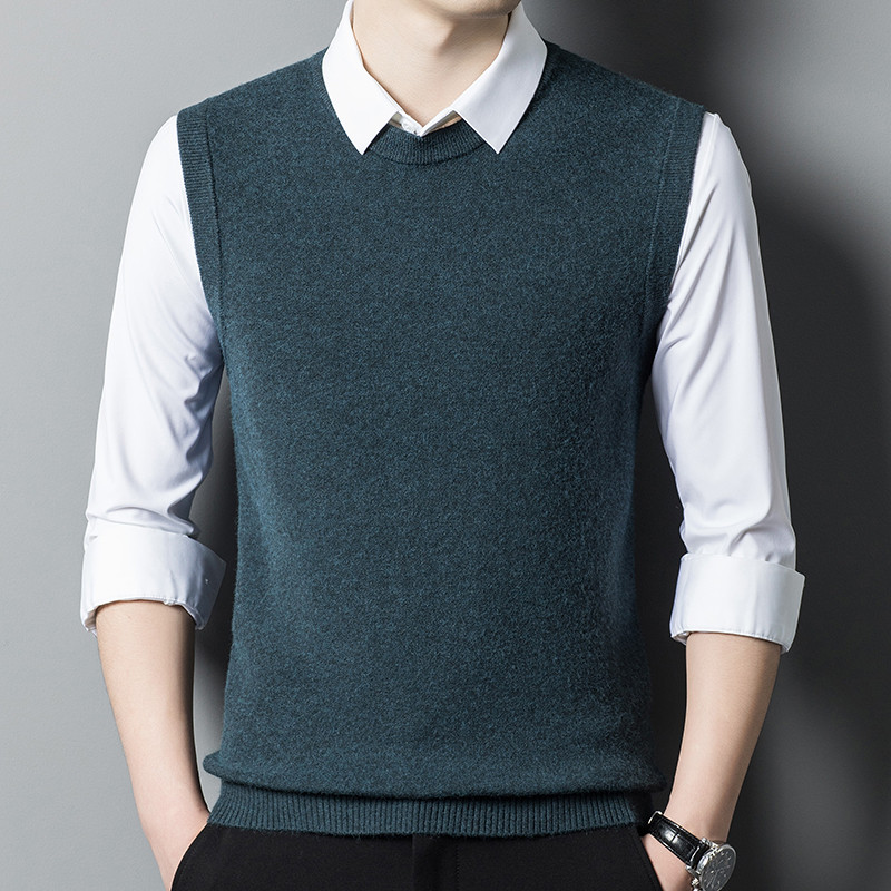 Есен Зима Нова мъжка удебелена вълнена жилетка с кръгло деколте Класически стил Бизнес пуловер без ръкави Едноцветна жилетка Мъжка марка