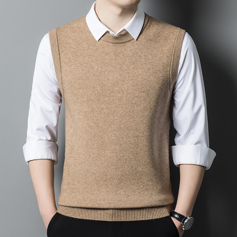 Есен Зима Нова мъжка удебелена вълнена жилетка с кръгло деколте Класически стил Бизнес пуловер без ръкави Едноцветна жилетка Мъжка марка