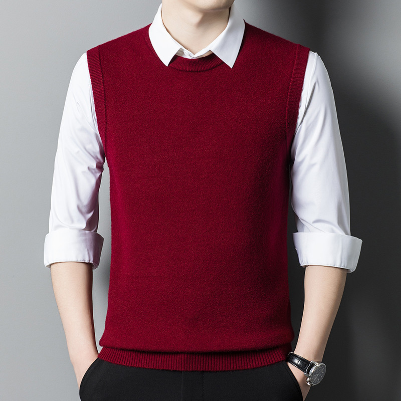 Есен Зима Нова мъжка удебелена вълнена жилетка с кръгло деколте Класически стил Бизнес пуловер без ръкави Едноцветна жилетка Мъжка марка