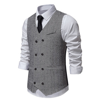 Νέο κοστούμι ανδρικό γιλέκο Vintage με διπλό στήθος Έξυπνο καθημερινό γιλέκο ανδρικό αμάνικο επίσημο φόρεμα νυφικό γιλέκο κοστούμι V λαιμόκοψη