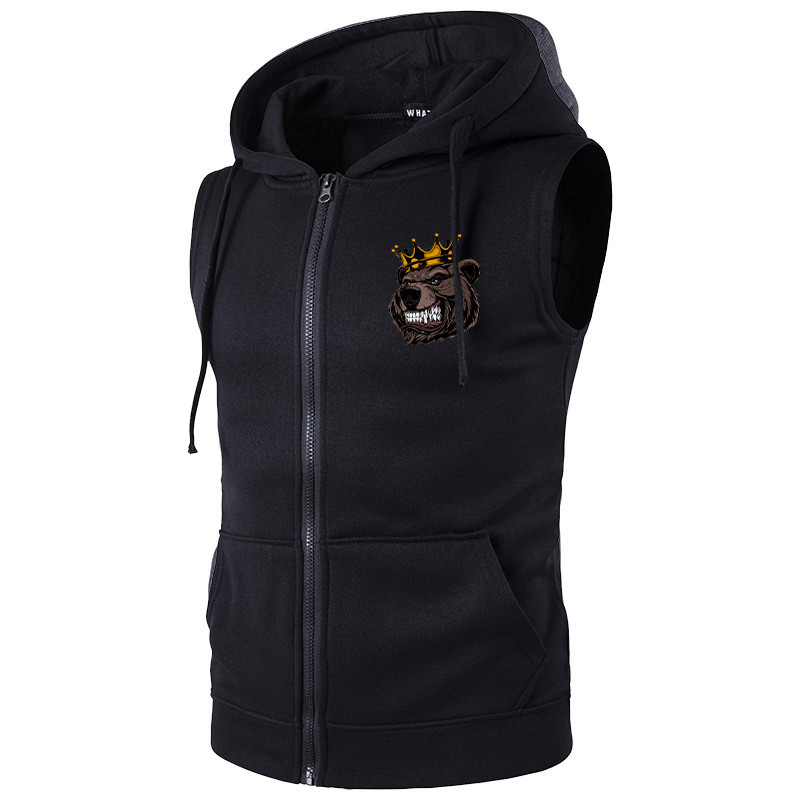 Мъжко палто без ръкави с качулка и щампа на кафява мечка King Потник Модно ежедневно мъжко облекло