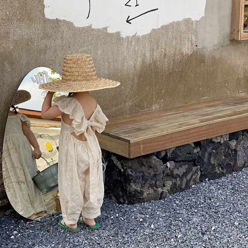 Моден гащеризон с памучна дантела за момиченце принцеса Бебешки гащеризон с презрамки за бебета, летни комбинезони Бебешки дрехи 1-7 г.