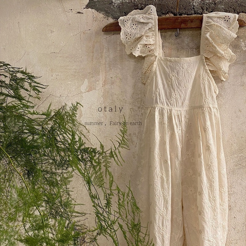 Моден гащеризон с памучна дантела за момиченце принцеса Бебешки гащеризон с презрамки за бебета, летни комбинезони Бебешки дрехи 1-7 г.