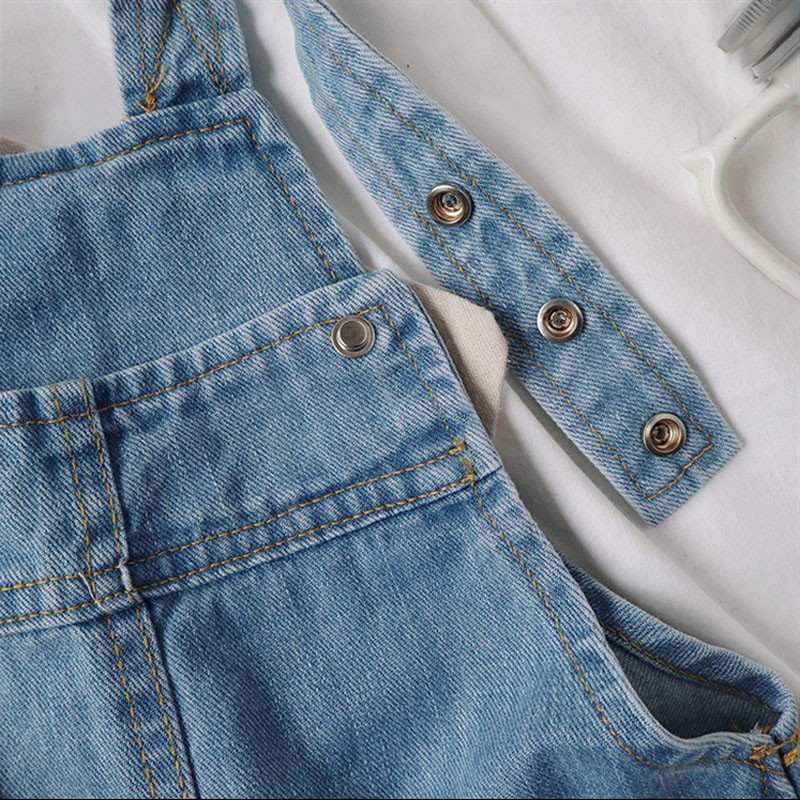 Детско облекло Корейски бебешки дънкови тиранти Къси панталони с джобни шевове Пролет и лято Нови бебешки ежедневни панталони за момчета и момичета