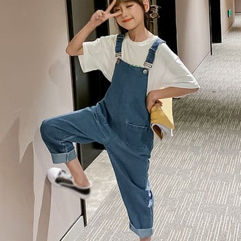 Лятно детско облекло 2021 Пролет Есен Гащеризони Нов корейски моден стил за големи деца Панталони с лигавник Модерни дънки за момичета Панталони с лигавник