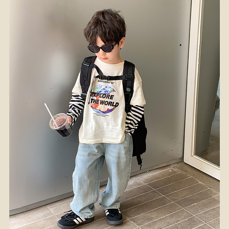 Ежедневни прави дънкови панталони за момчета и момичета Деца, деца Изпрани памучни широки широки дънки