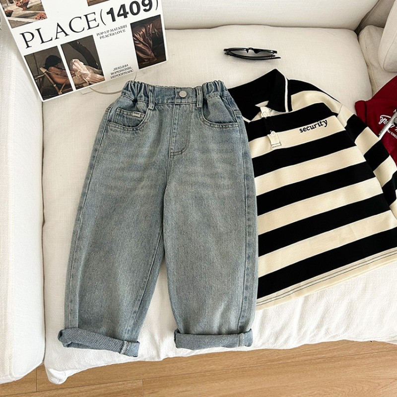 Ежедневни прави дънкови панталони за момчета и момичета Деца, деца Изпрани памучни широки широки дънки