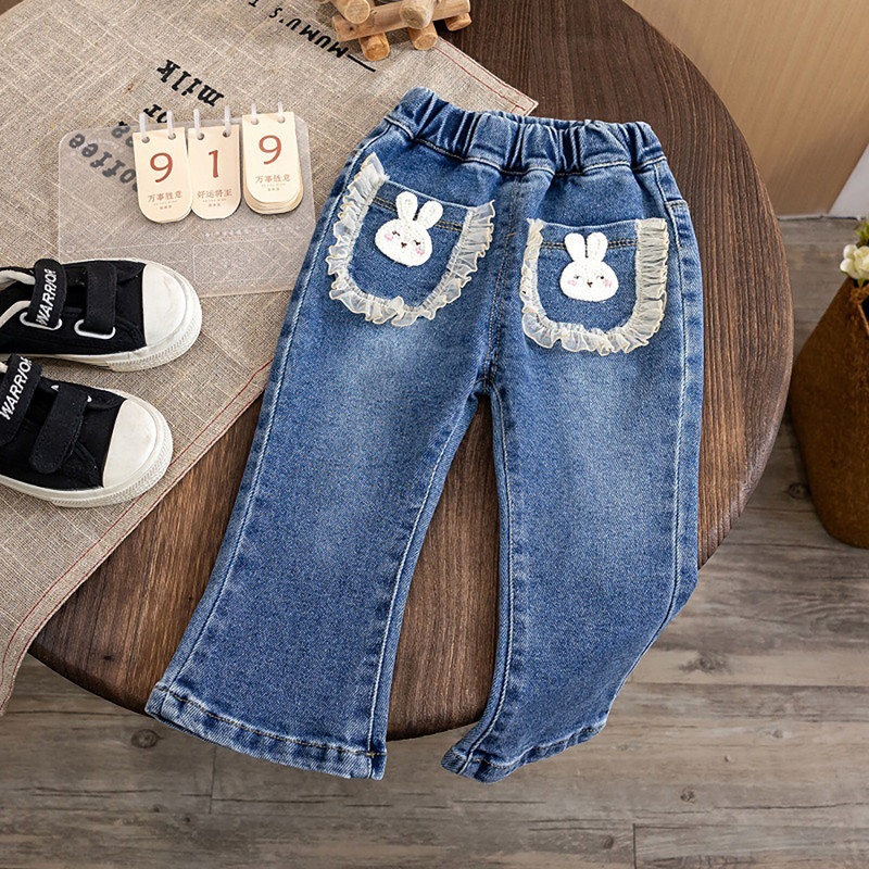 Сладки панталони с камбанка за бебета и момичета Корейски стил Детски панталони с ластик на талията Сини дънкови панталони Детски дънкови панталони с анимационен заек