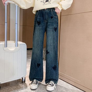 Скъсани дънки за момичета Модни широки панталони с прави крачоли с висока талия Пролет Есен Училищни тийнейджърски дънкови панталони 10 12 13 Y Детски дрехи