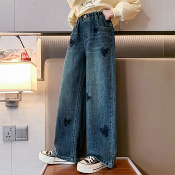 Скъсани дънки за момичета Модни широки панталони с прави крачоли с висока талия Пролет Есен Училищни тийнейджърски дънкови панталони 10 12 13 Y Детски дрехи