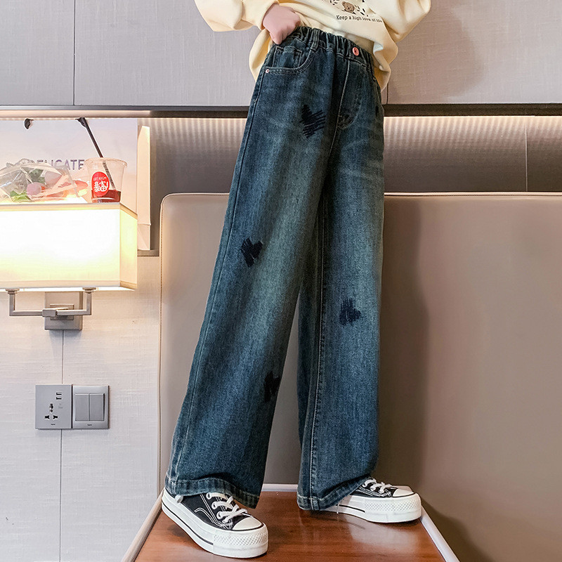 Скъсани дънки за момичета Модни широки панталони с прави крачоли с висока талия Пролет Есен Училищни тийнейджърски дънкови панталони 10 12 13 Y Детски дрехи